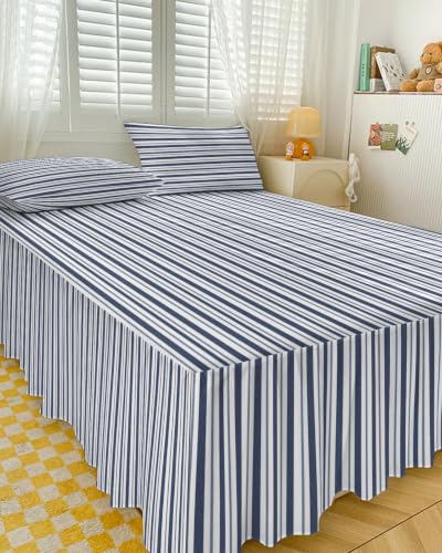 Blue Full Size Ruffle Bedspread Set with Bedskirt and Pillow Shams – Navy Striped Bedding Cover