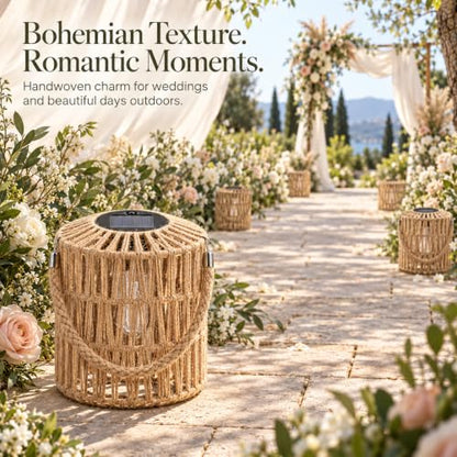 Cooo 2 Pack Large Solar Rope Lanterns for Outdoor Gardens - Natural Plant Fiber, Handwoven, 8.27 Inch