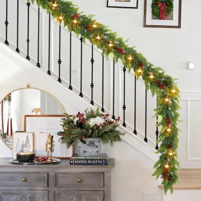 Cedar Green 9FT Prelit Christmas Garland with Lights, Red Berries & Pine Cones