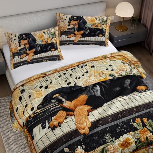 King Size Black Dachshund Dog Quilt Bed Set 3Pcs Pet Puppy Flower Bedding