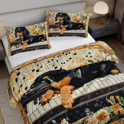 King Size Black Dachshund Dog Quilt Bed Set 3Pcs Pet Puppy Flower Bedding