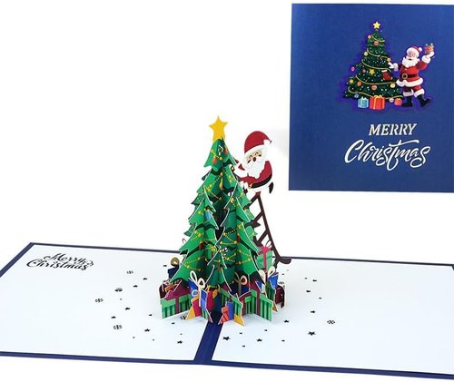 3D Christmas Tree Pop-Up Card - Merry Christmas Design with Santa Claus | Includes Envelope & Message Note