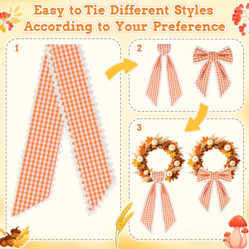 Orange and White Plaid Wreath Sash with Trim - Front Door Decor (Variation: Orange & White)