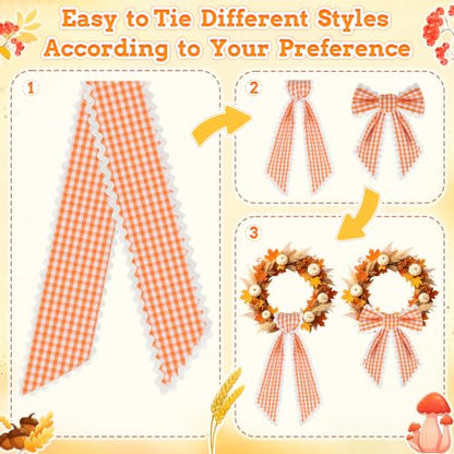 Orange and White Plaid Wreath Sash with Trim - Front Door Decor (Variation: Orange & White)