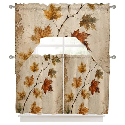 Brown Sienna Fall Maple Leaf Window Valance and Tier Curtains Set - 3 Pieces, 27.5W x 36L