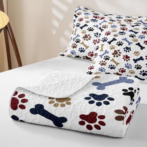 Navy Blue Brown Full Size Cartoon Paw Print Quilt Bedspread Set with Pillowcases