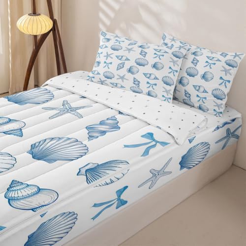Blue White Starfish Shell Comforter Set Twin Zipper Bedding for Kids Coastal Ocean