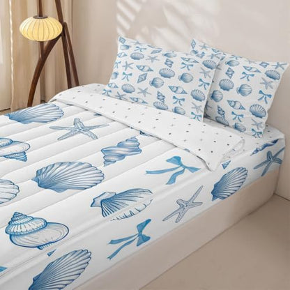 Blue White Starfish Shell Comforter Set Twin Zipper Bedding for Kids Coastal Ocean