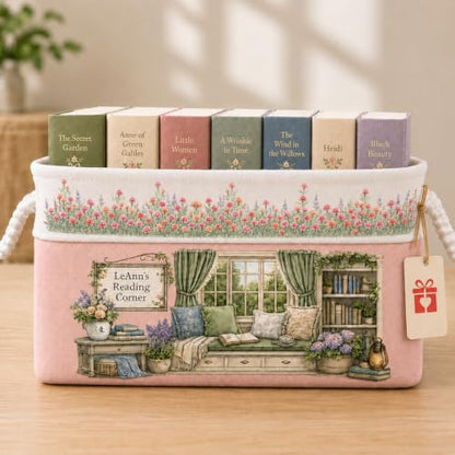 Personalized Book Storage Bin with Custom Name and Reading Corner Design - 01