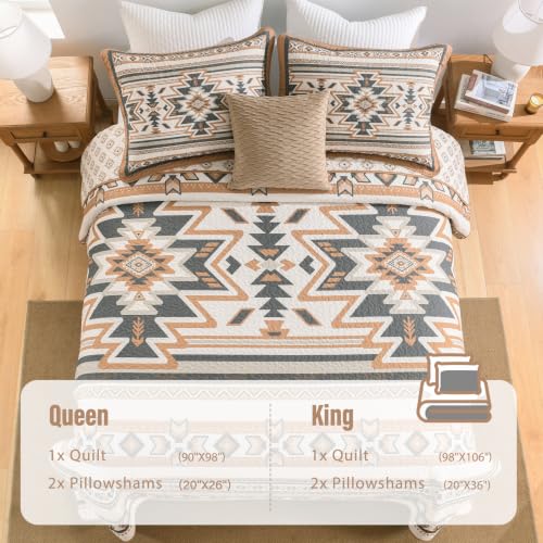 Queen Size Cotton Quilt Set with 2 Pillow Shams - Brown/Charcoal/Cream