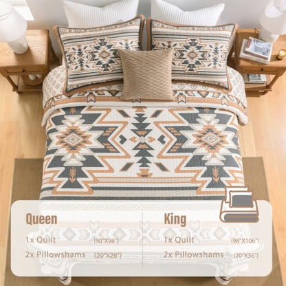 Queen Size Cotton Quilt Set with 2 Pillow Shams - Brown/Charcoal/Cream