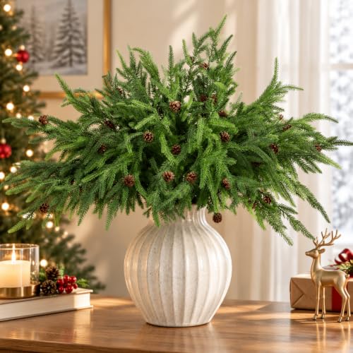 Artificial Norfolk Pine Branches with Pine Cones - 6 Pack, 18 Inches