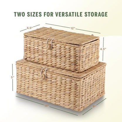 Water Hyacinth Wicker Storage Baskets with Lids - Set of 2 Decorative Boxes