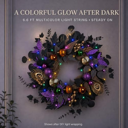 Halloween Wreath with Lights 22-Inch Black and Purple Front Door Decor