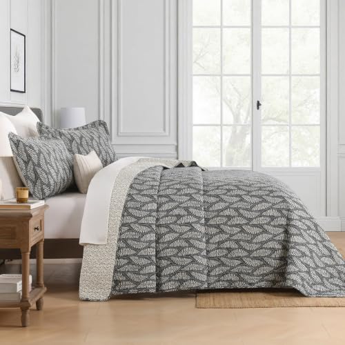 Homzard Queen Size Cotton Quilt Set with Fern Leaf Botanical Design - Gray, 10gray/White