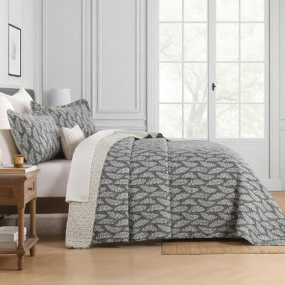 Homzard Queen Size Cotton Quilt Set with Fern Leaf Botanical Design - Gray, 10gray/White