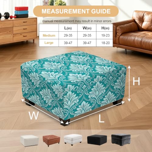 Stretch Square Ottoman Cover with Nonslip Bottom - Blue Damask Plant, Large