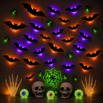 Halloween Wall Decor Kit with 3D Bats Spiders Web Skulls and LED Lights