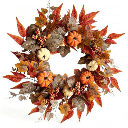 Artificial Fall Wreath for Front Door - Orange-Brown 22-24 Inch Autumn Decor