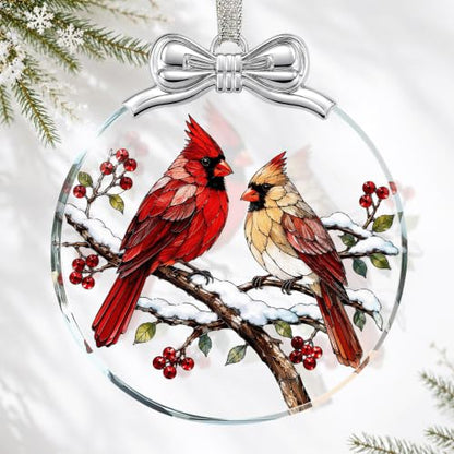 Two Cardinals Bird Christmas Ornament Glass 3 x 3.3 Inches - Holiday Tree Decoration - Variation 01