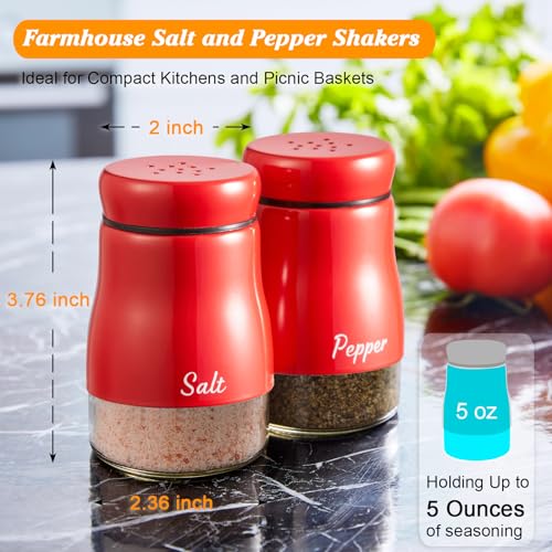Red Salt and Pepper Shakers Set - 5oz Dispensers with Glass Bottom, Cute Kitchen Decor
