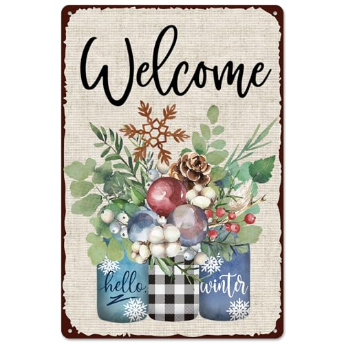 Winter Retro Tin Sign with Plants Snowflakes Welcome Christmas Wall Art 12x8