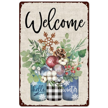 Winter Retro Tin Sign with Plants Snowflakes Welcome Christmas Wall Art 12x8