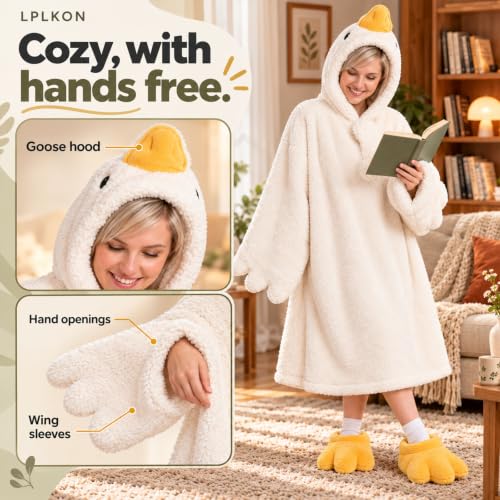 White Wearable Goose Blanket Hoodie - Oversized Duck Onesie Pajamas Costume, Medium