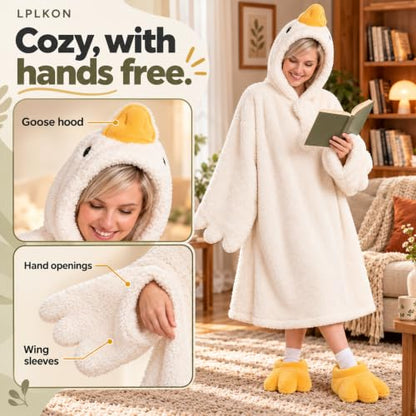 White Wearable Goose Blanket Hoodie - Oversized Duck Onesie Pajamas Costume, Medium