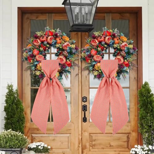 Orange Buffalo Plaid Fall Sash for Front Door Wreath DIY Embroidery 5x54 Inches - Autumn Thanksgiving Porch Decor