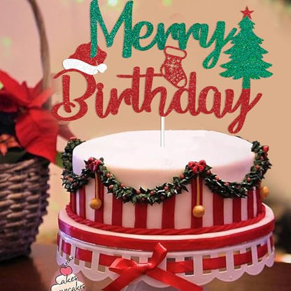 Christmas Cake Topper - Merry Birthday Decorations with Red & Green Glitter
