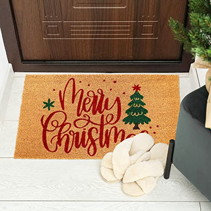 Christmas Door Mat - Natural Coir Xmas Tree & Merry Christmas Print, Non-Slip Indoor Outdoor 17x29 Inch