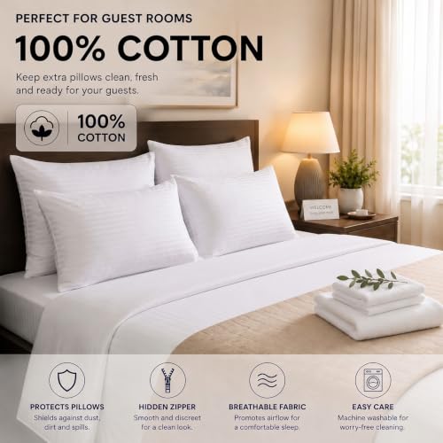 Cotton Pillow Protectors with Zipper - Standard Size 20x26 Inch, 6 Pack