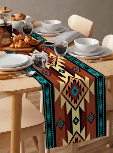 Farmhouse Cotton Linen Table Runner 13x48 Inches for Dining Table, Washable Ethnic Tribal Boho Style - Variation of THIS listing