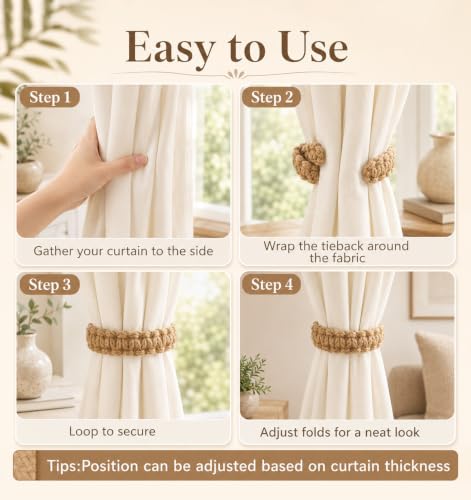 Outdoor Curtain Tiebacks Braided Rope Set - Rustic Boho Style, No-Drill Installation