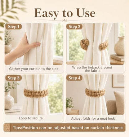Outdoor Curtain Tiebacks Braided Rope Set - Rustic Boho Style, No-Drill Installation