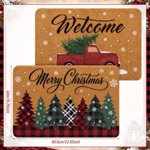 Christmas Coir Door Mat - 2 Pcs Holiday Welcome Doormats with Rustic & Plaid Designs - Variation 3