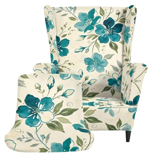 Teal Floral Wingback Chair Slipcover - Scratch-Resistant, Washable, Non-Slip Bottom, Durable Fabric