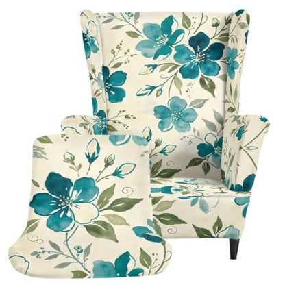 Teal Floral Wingback Chair Slipcover - Scratch-Resistant, Washable, Non-Slip Bottom, Durable Fabric