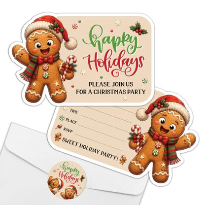 Christmas Party Invitations Set with Gingerbread Man Shaped Cards, Envelopes & Stickers