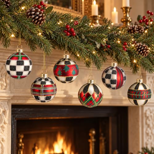6 Pcs Christmas Buffalo Plaid Glass Hanging Ornaments - Red Green Black White
