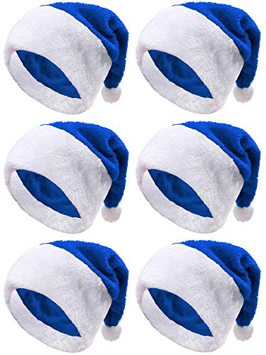 Blue Christmas Hats for Adults - 6 Pack, Santa Hat Holiday Costume