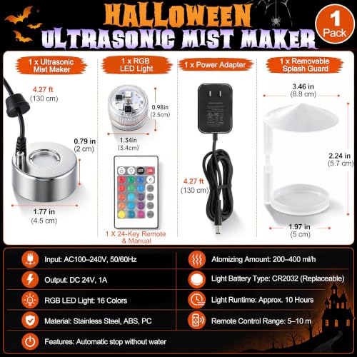 Halloween Ultrasonic Mist Maker Kit with RGB LED Light - Adjustable Splash Guard
