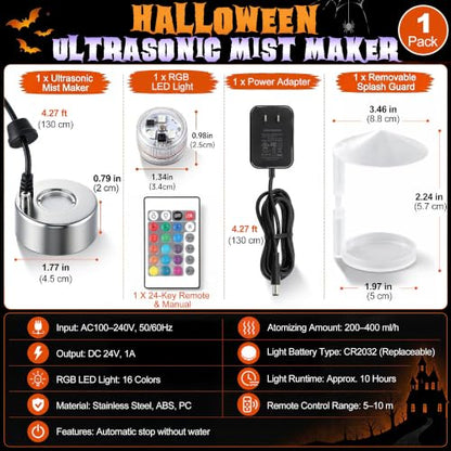 Halloween Ultrasonic Mist Maker Kit with RGB LED Light - Adjustable Splash Guard