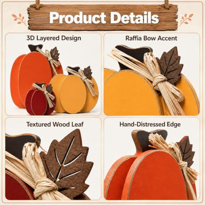 Wooden Pumpkin Fall Decor Set - 3 Rustic Indoor Pumpkins Rich Red Orange Yellow