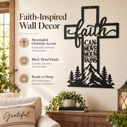 Christian Cross Wall Art - Faith Can Move Mountains Metal Decor