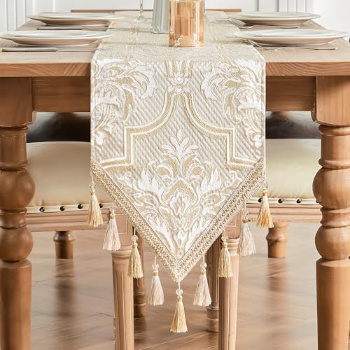 Damask Jacquard Table Runner Beige Gold 13x108 Inches Elegant Decor