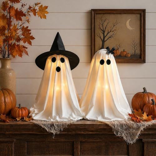 Halloween Ghost Decorations Light-Up Ghosts with Witch Hats Indoor Set