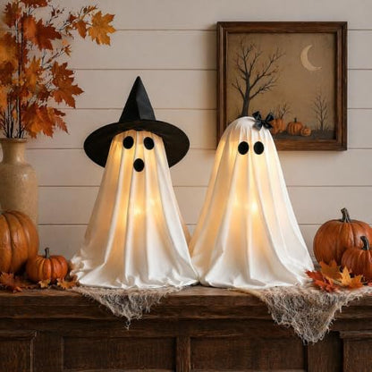 Halloween Ghost Decorations Light-Up Ghosts with Witch Hats Indoor Set