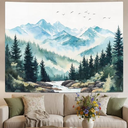 Mountain White Watercolor Tapestry 60x44 Inch Misty Forest River Scene - Wolijojo